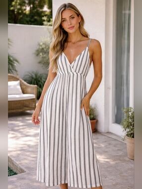 Chesley White and Gray Striped V-Neck Maxi Dress